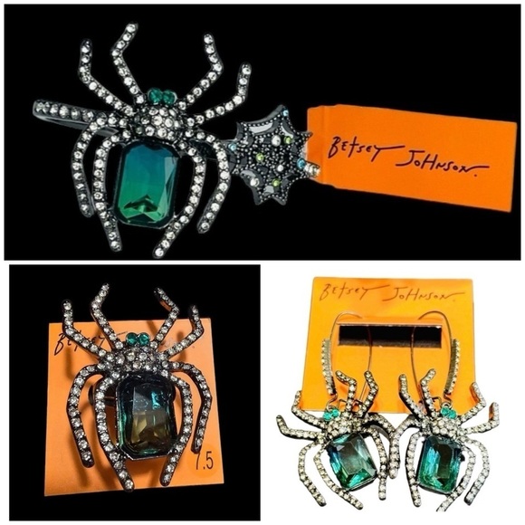 BETSEY JOHNSON SET Halloween Rich Witch Spider Earrings Bracelet Ring Sz 7.5 NWT - Picture 1 of 16